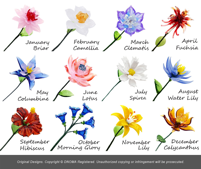 Birth Month Glass Flower Gift by DNOMA handmade glass flower keepsake with 12 month options