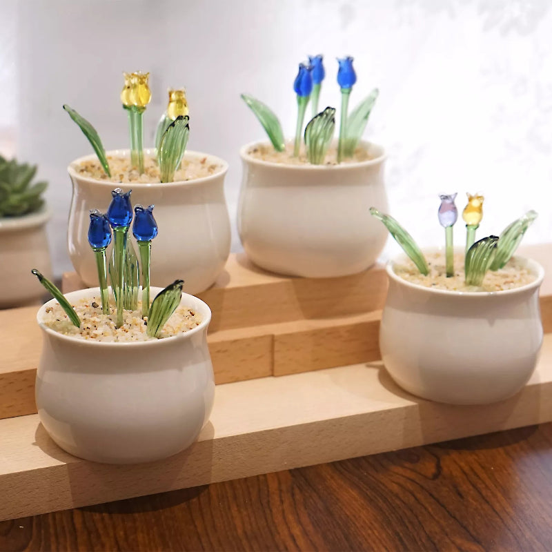 Potted Plant Glass Birth Month Flower | Elegant Desk Décor & Holiday Gift