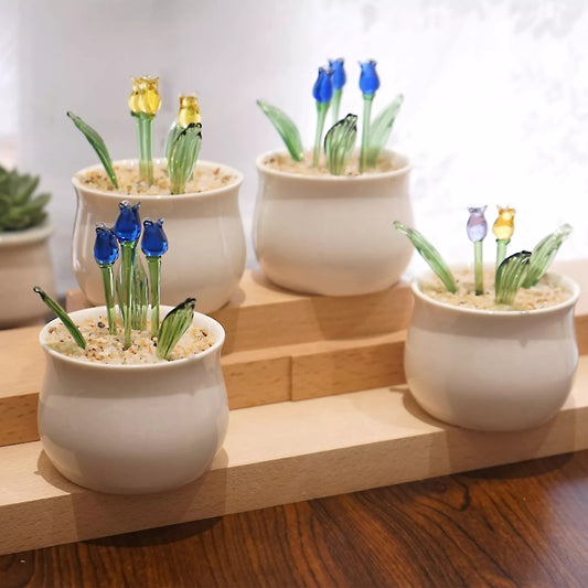 Potted Plant Glass Birth Month Flower | Elegant Desk Décor & Holiday Gift